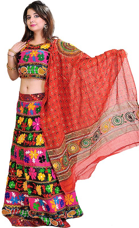 Black Lehenga Choli from Rajasthan with Crewel Embroidered Flowers and Mirrors