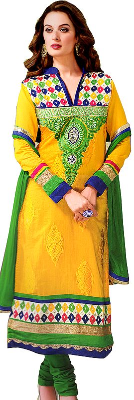 Cyber-Yellow Long Chudidar Kameez Suit with Aari Embroidered Paisleys on Neck with Faux Pearls