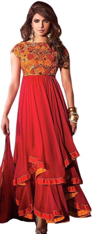 Jester-Red Flared Priyanka Chopra Suit with Thread Embroidered Flowers
