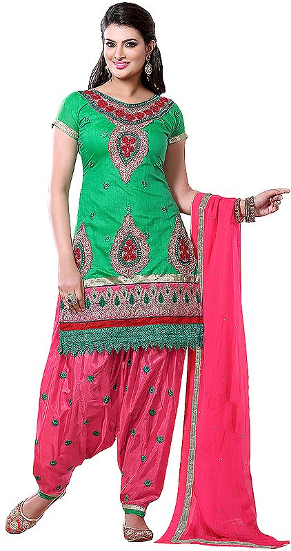 Trekking-Green and Pink Patiala Salwar Kameez Suit with Embroidered Patches and Crochet Border