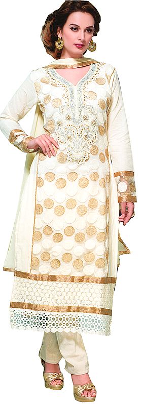 Winter-White Wedding Choodidaar Kameez Suit with Crewel Embroidered Patch on Neck