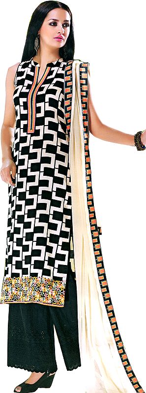 Black and White Designer Parallel Salwar Kameez Suit with Embroidered Flowers on Border