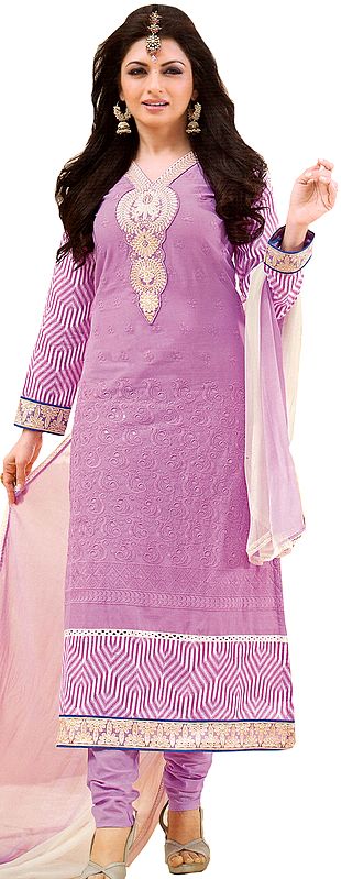 Violet Bhagyashree Choodidaar Kameez Suit with Aari Embroidery in Self Colored Thread