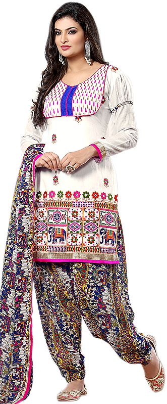 Bright-White Salwar Kameez Suit with Thread Embroidery and Printed Elephants