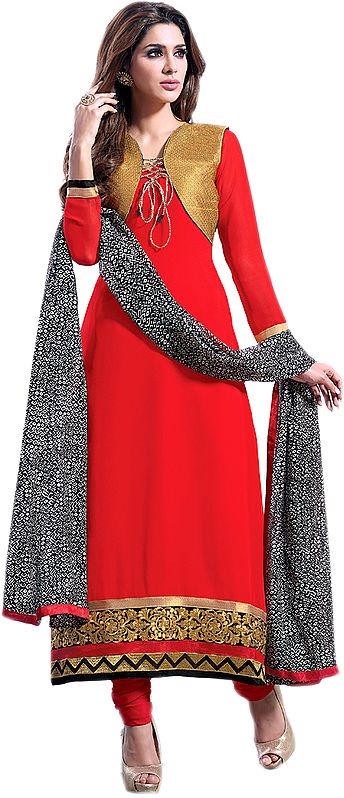 Brick-Red Long Choodidaar Kameez Suit with Aari Embroidered Flowers on Border and Bolero Jacket