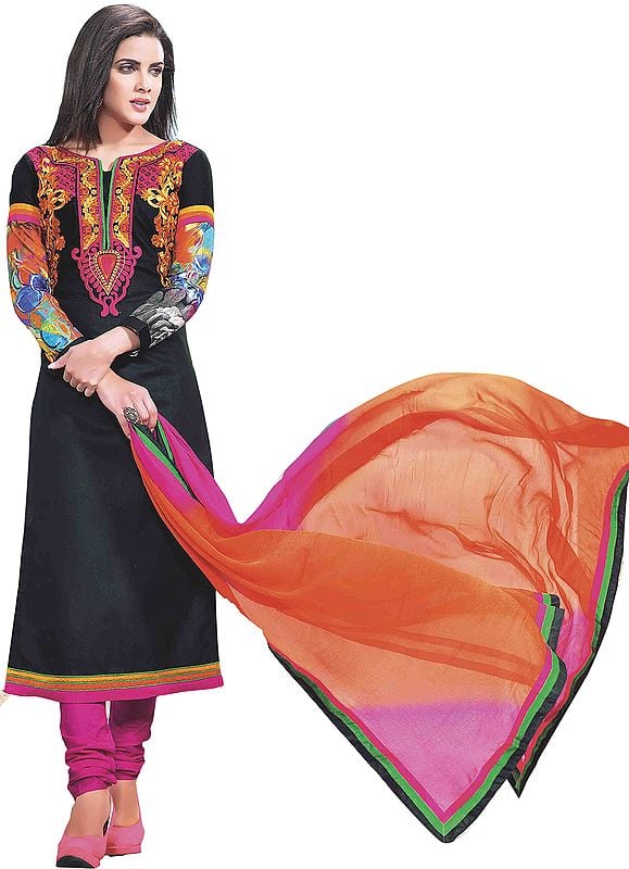 Jet-Black Long Choodidaar Suit with Aari Embroidery on Neck and Digital Print at Back