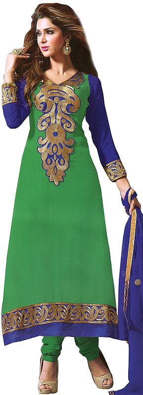 Bright-Green Long Choodidaar Kameez Suit with Aari Embroidered Paisleys in Golden Thread