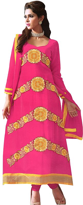 Lilac-Rose Long Choodidaar Kameez Suit with Floral Embroidered Patch in Yellow Thread