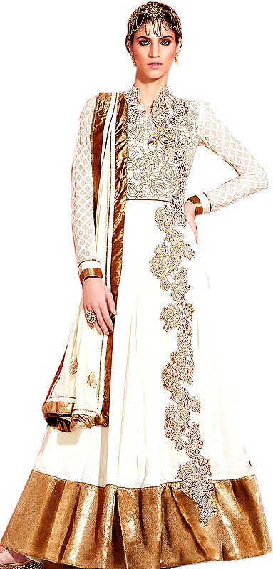 Winter-White Wedding Anarkali Suit with Aari Embroidered Flowers and Wide Patch Border