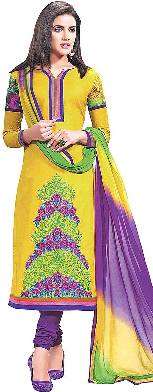 Mimosa-Yellow Chudidar Kameez Suit with Embroidered Flowers and Digital Print