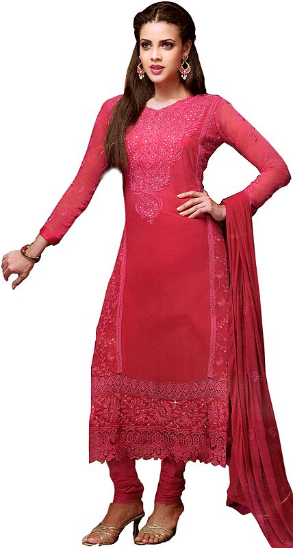 Rose-Red Choodidaar Kameez Suit with Embroidered Flowers in Self Colored Thread