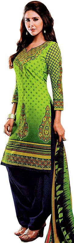 Forest-Green and Blue Salwar Kameez Suit with All-Over Printed Flowers