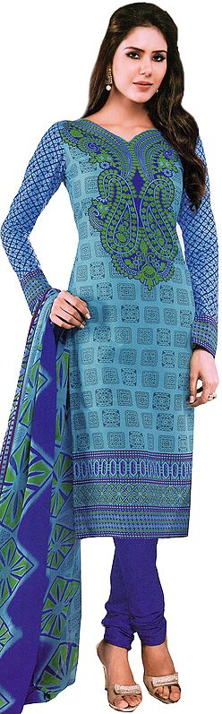 Ocean-Blue Choodidaar Kameez Suit with Printed Paisleys and Flowers