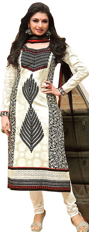 White and Black Choodidaar Kameez Suit with Aari Embroidered Leaves and Crochet Border