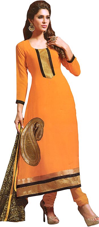 Apricot-Orange Designer Choodidaar Kameez Suit with Paisley Embroidered Patch and Printed Dupatta