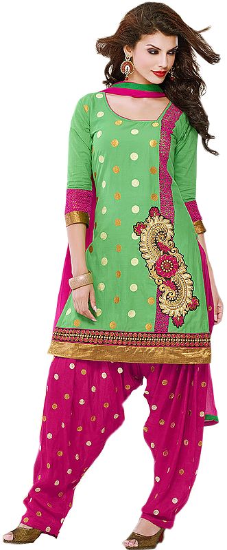 Garden-Green and Fuchsia Patiala Salwar Kameez Suit with Polka Dots and Paisley Patch