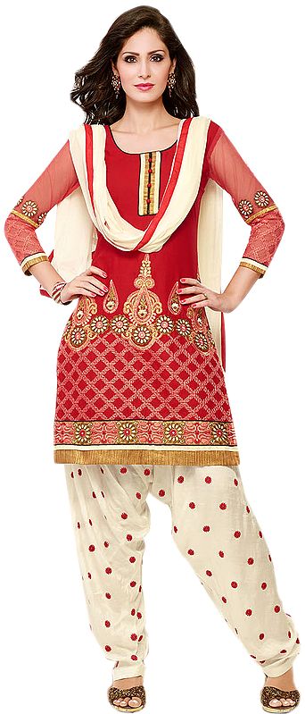 Rio-Red and White Salwar Kameez Suit with Embroidered Flowers