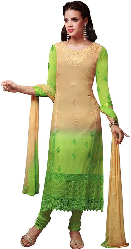 Khaki and Green Long Choodidaar Kameez Suit with Crewel Embroidery on Neck and Crochet Border
