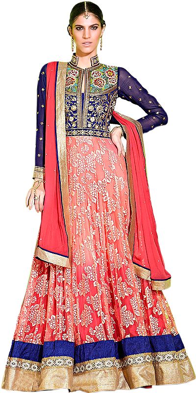 Rose-Red and Blue Bridal Flared Anarkali Suit with Parsi Embroidery and Sequins