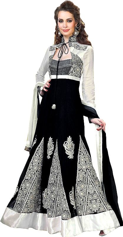 Black and White Wedding Anarkali Suit with Thread Embroidered Flowers