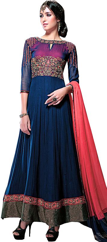 Indigo-Blue Designer Wedding Ghera Kurta Suit with Embroidered Flowers and Wide Border