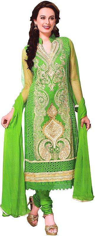 Classic-Green Long Choodidaar Kameez Suit with Thread Embroidery and Sequins