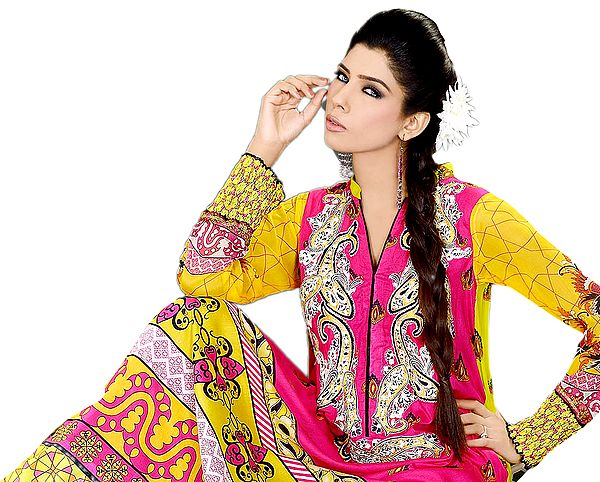Maligo-Yellow and Red Long Printed Suit from Pakistan with Floral Thread Embroidery