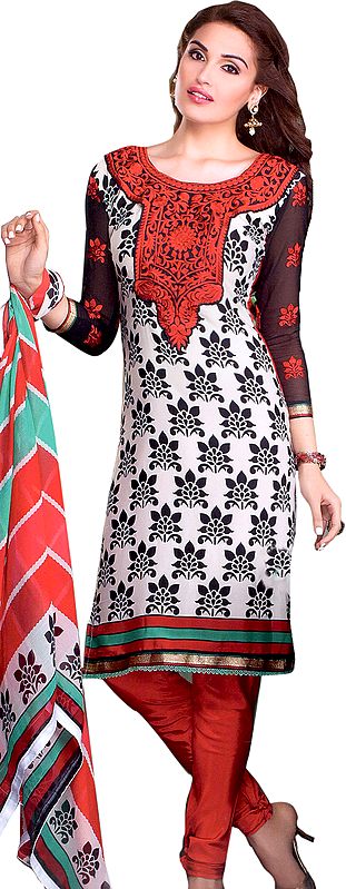 Winter-White and Red Printed Choodidaar Kameez Suit with Embroidered Patch on Neck