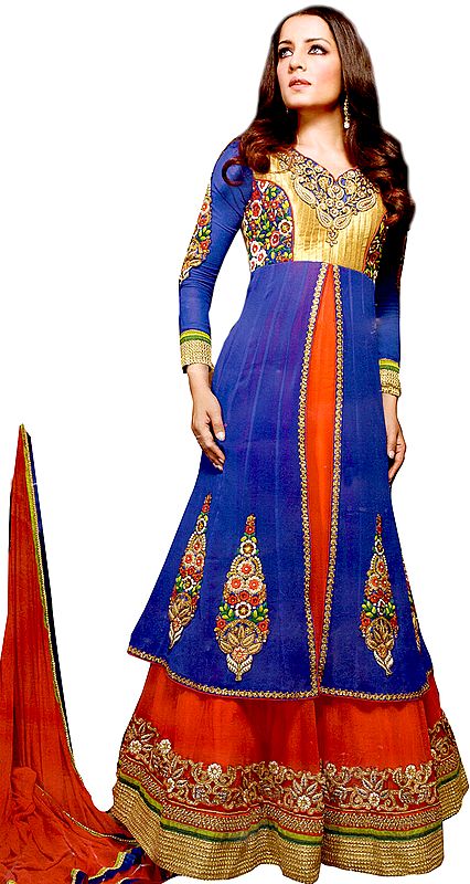 French-Blue Designer Wedding Anarkali Suit with Thread Embroidered Flowers and Wide Border