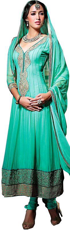 Basil-Green Long Choodidaar Suit with Aari Embroidery in Golden Thread