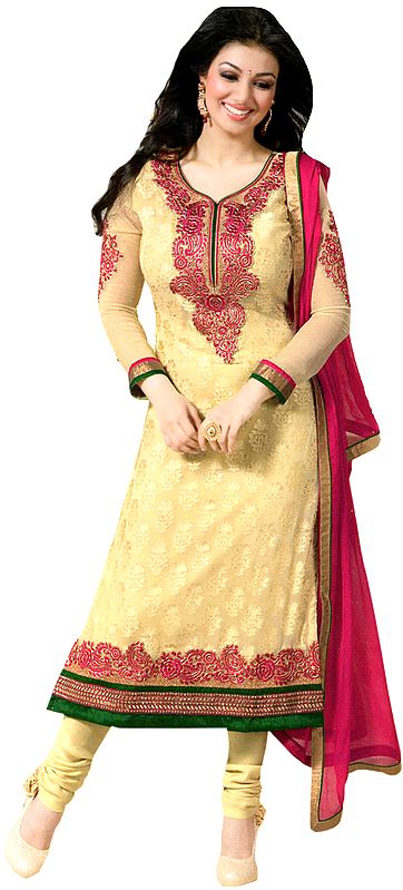 Yellow-Cream Choodidaar Kameez Suit with Embroidered Paisleys on Neck and Self-Weave