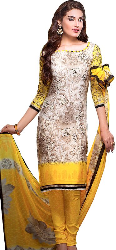 Oxford-Tan and Yellow Choodidaar Kameez Suit with Printed Flowers and Crochet Border