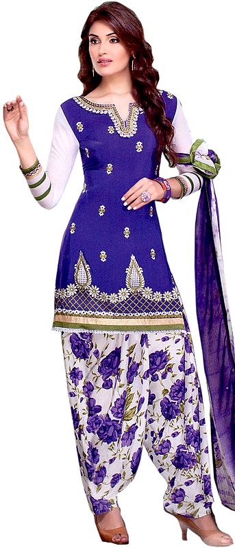 French-Blue and White Patiala Salwar Kameez Suit with Thread Embroidered Flowers on Neck and Border