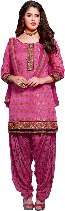 Strawberry-Pink Patiala Salwar Kameez Suit with Aari Embroidered Flowers and Woven Booties