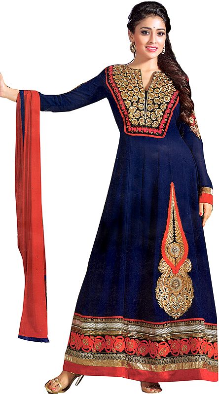 Brilliant-Blue Designer Wedding Anarkali Suit with Aari Embroidery in Metallic Thread