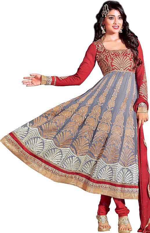 Rio-Red and Gray Bridal Anarkali Suit with Crewel Embroidery and Patch Border