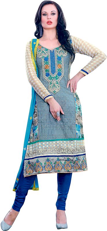Tuscany-Gray and Blue Choodidaar Kameez Suit with Patch work on Neck