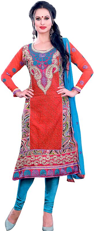 Rio-Red and Blue Choodidaar Kameez Suit with Embroidered Flowers