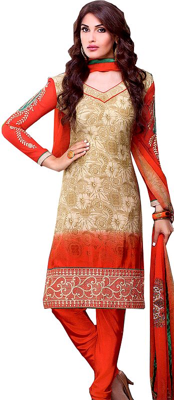 Sage-Green and Red Printed Choodidaar Kameez Suit with Embroidered Patch on Border