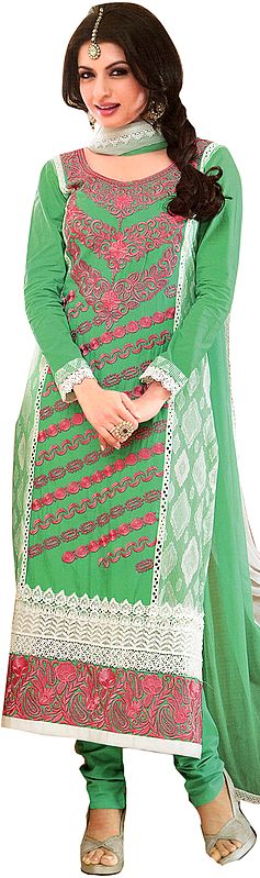 Ultramarine-Green Long Choodidaar Bhagyashree Suit with Thread Embroidered Flowers and Crochet Border