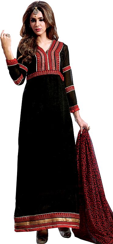 Jet-Black Long Choodidaar Kameez Suit with Thread Embroidered Patch on Neck