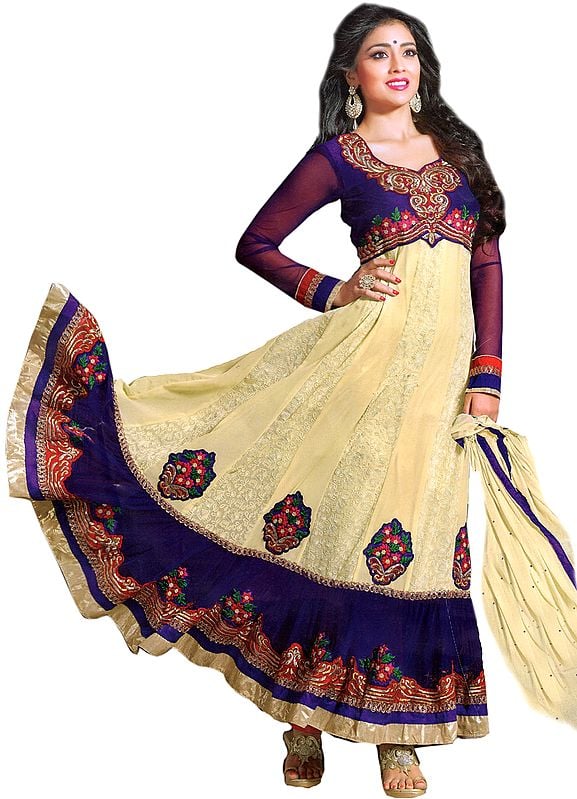 Lemon and Blue Anarkali Suit with Thread Embroidered Flowers on Neck and Border