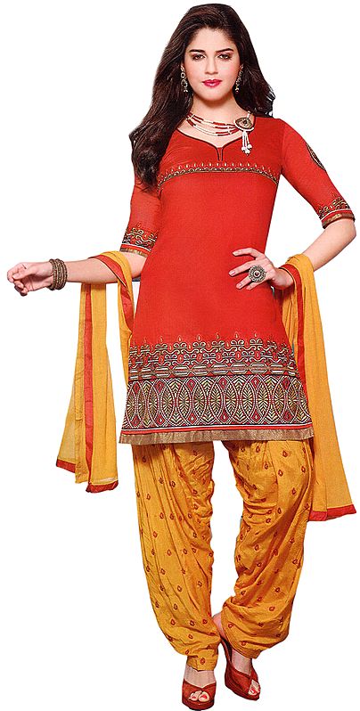 Rio-Red and Yellow Patiala Salwar Kameez Suit with Aari Embroidery on Border