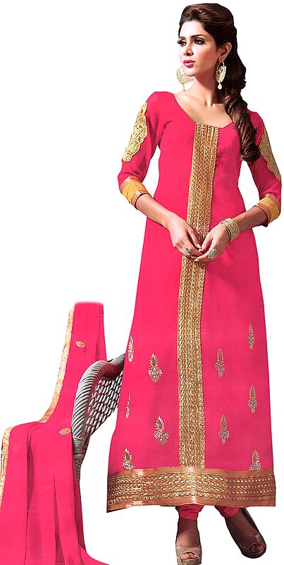 Bright-Rose Long Choodidaar Kameez Suit with Aari Embroidery
