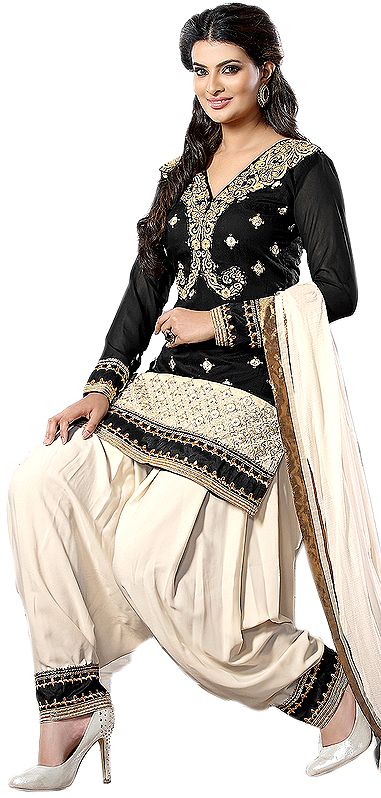 Black and Ivory Patiala Salwar Kameez Suit with Floral Patch on Neck