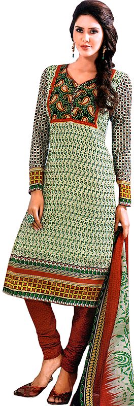 Forest-Green Choodidaar Kameez Suit with Printed Paisleys on Neck