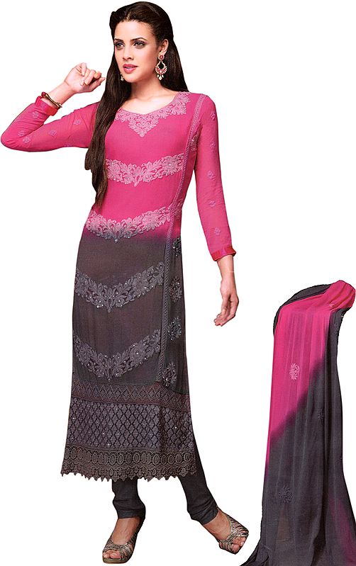 Fuchsia and Black Shaded Long Choodidaar Kameez Suit with Thread Embroidered Flowers and Crochet Border