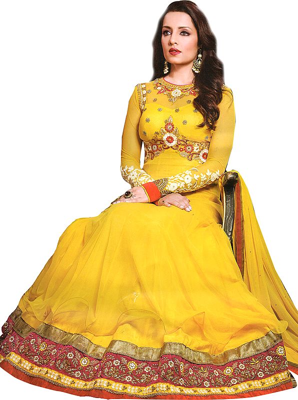 Vibrant-Yellow Wedding Celina Anarkali Suit with Thread Embroidered Flowers and Sequins