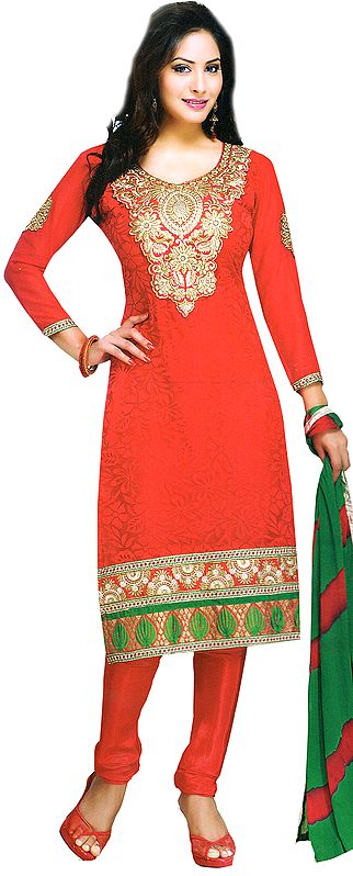 Burnt-Red Choodidaar Kameez Suit with Aari Embroidered Floral Patch on Neck and Self Weave