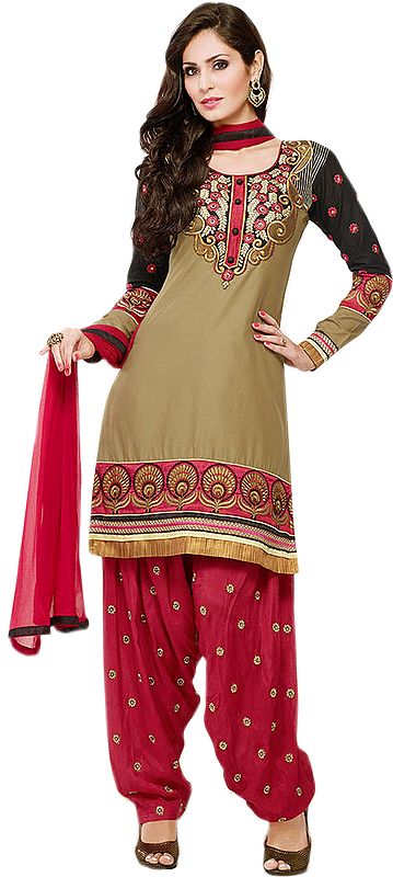 Prairie-Sand Patiala Salwar Kameez Suit with Thread Embroidered Flowers on Neck and Border